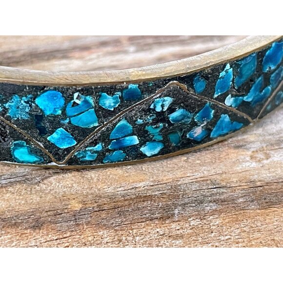Vintage 1960s Crushed Blue Turquoise India Brass Bangle Bracelets - Picture 3 of 14